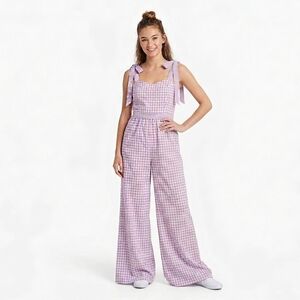 Storia Wide-Leg Tie-Shoulder Gingham Jumpsuit - Lavender